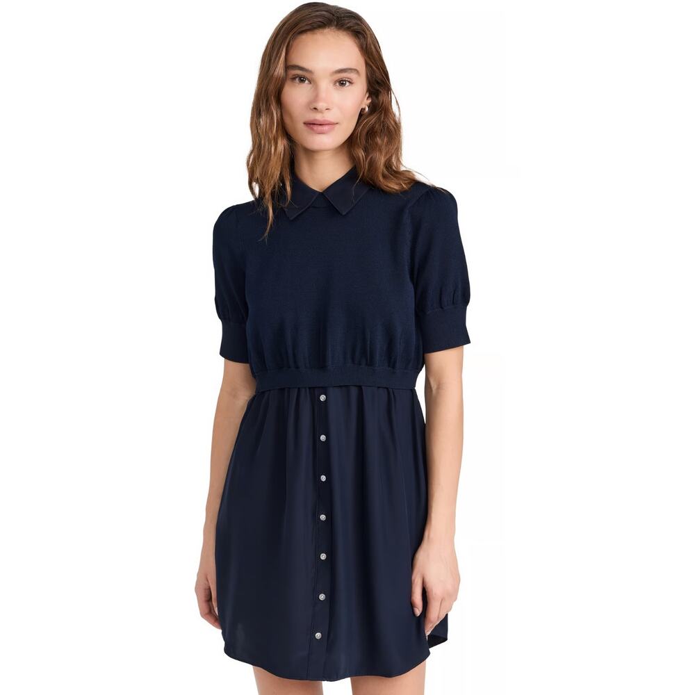 Cinq à Sept Lydia Silk Mini Shirtdress L Navy Dark Academia Quiet Luxury Preppy
